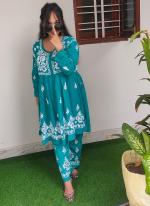 Soft Rayon Sky Blue Casual Wear Embroidery Work Readymade Kurti With Bottom